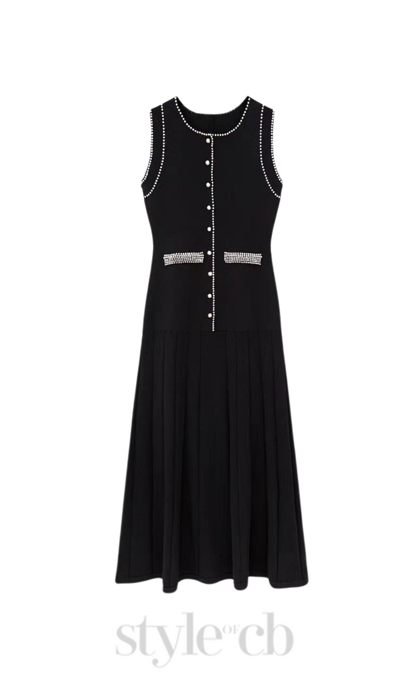 SALOME BEADED TRIM SLEEVELESS KNIT BLACK MIDI DRESS