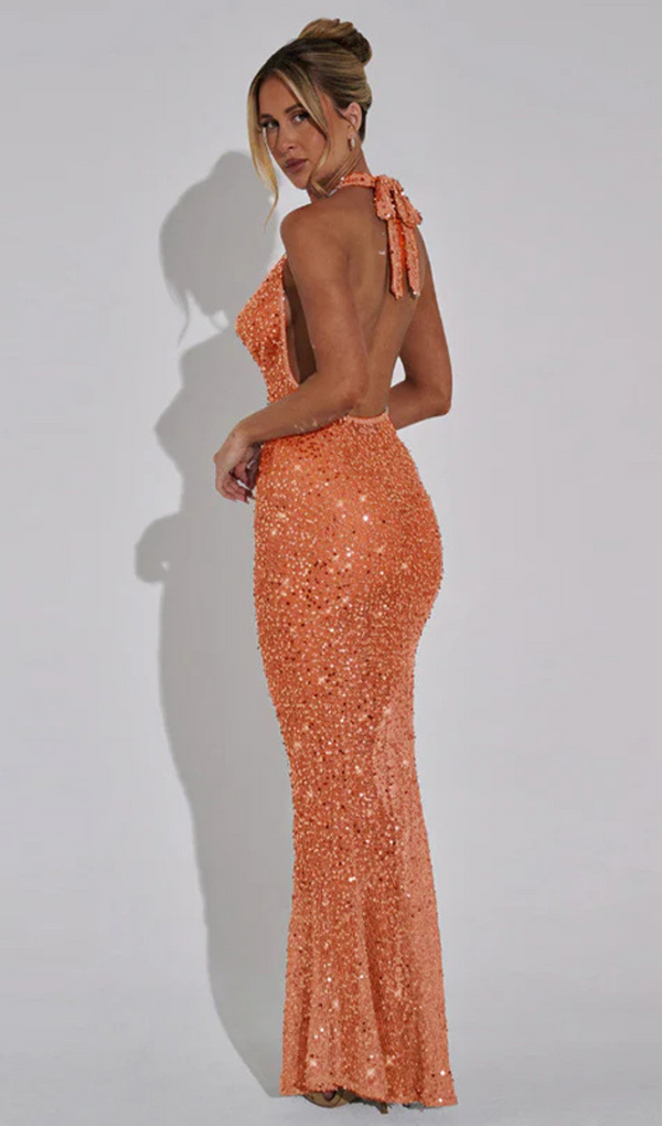 BARBARA HALTER SEQUIN MAXI DRESS IN ORANGE