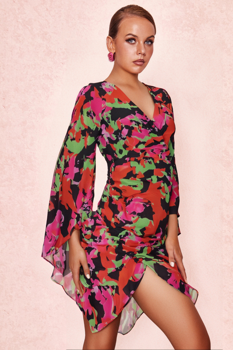 PRINTED RUFFLE MESH DRESS