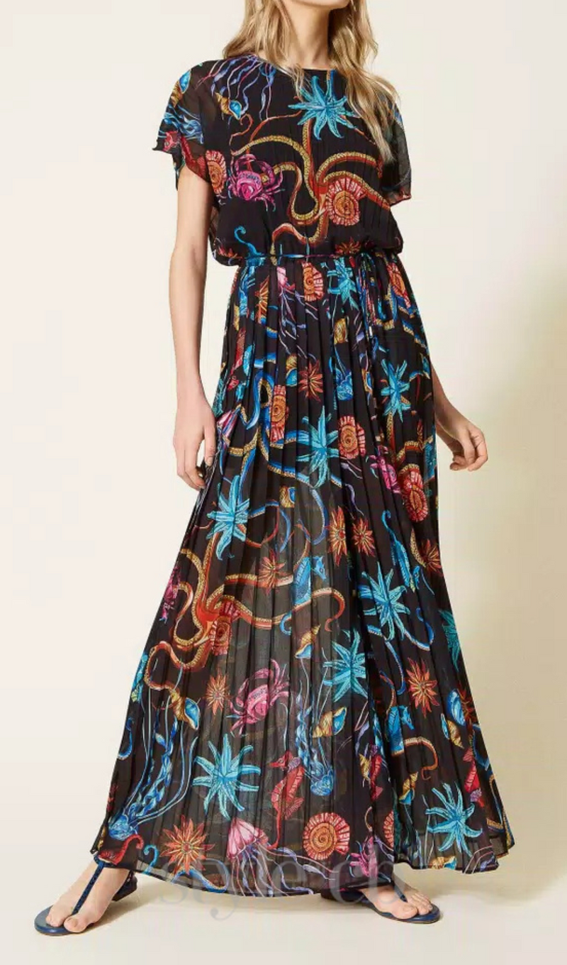 Printed jumpsuit in pleated georgette