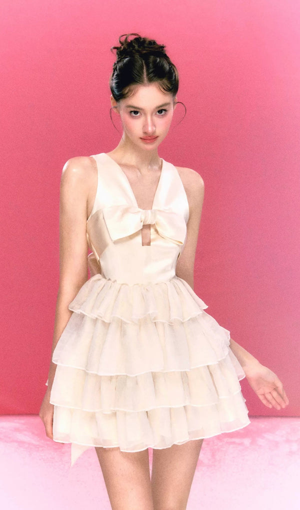 Beige Bow Tiered Mini Dress