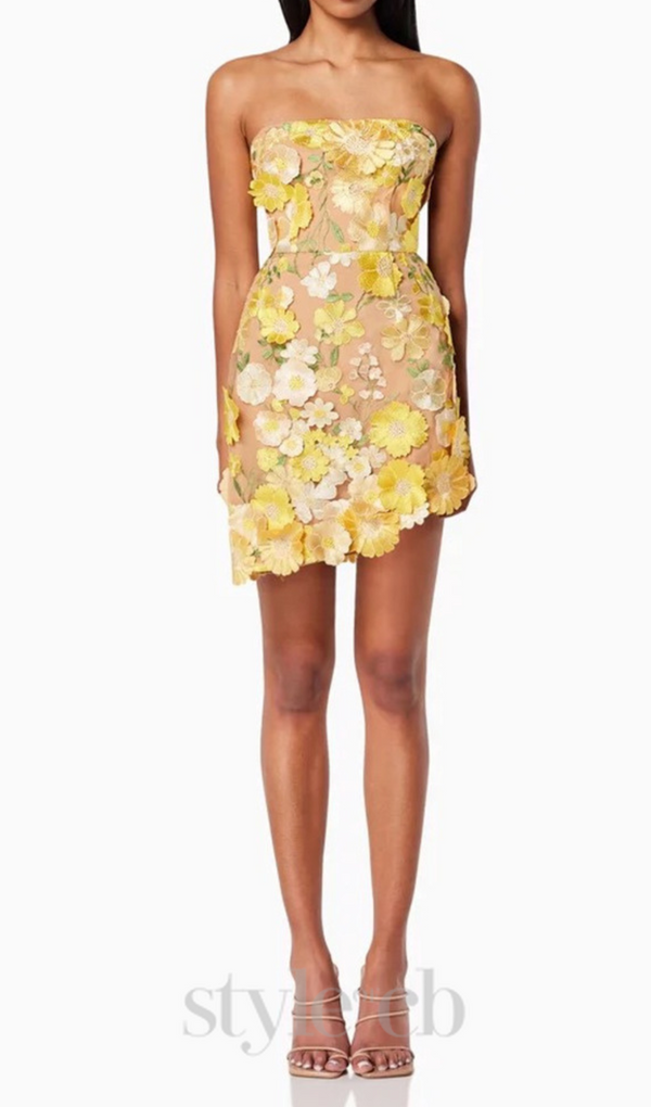 Strapless floral Mini Dress in yellow