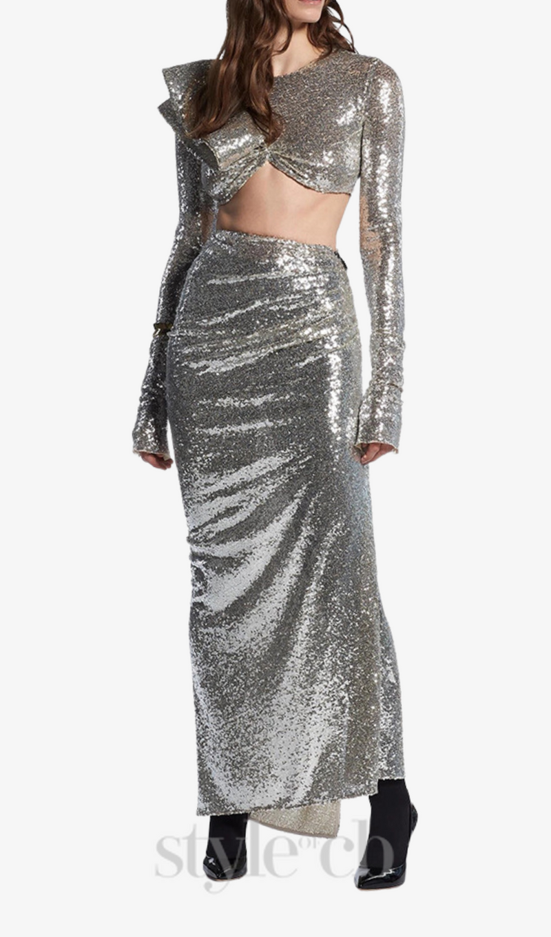 crop top drape skirt set in silver