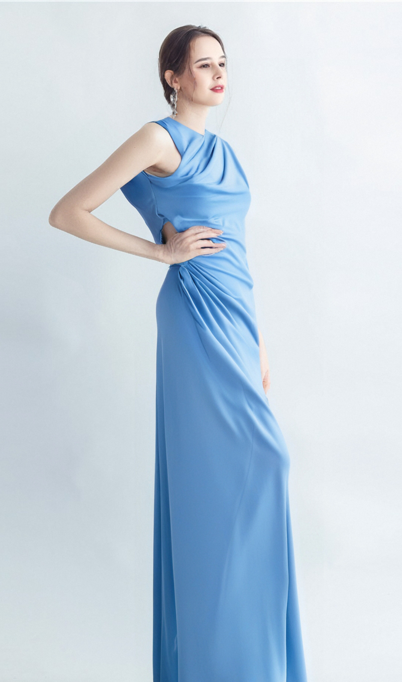 CASI SIDE-SLIT DRAPED JERSEY GOWN IN BLUE