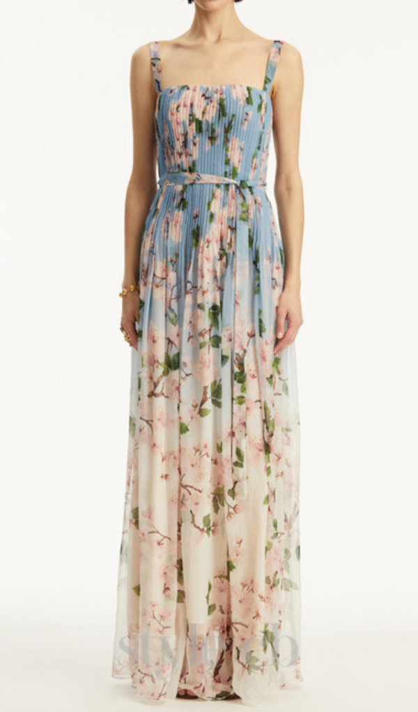 xaviera pleated silk chiffon gown in blue