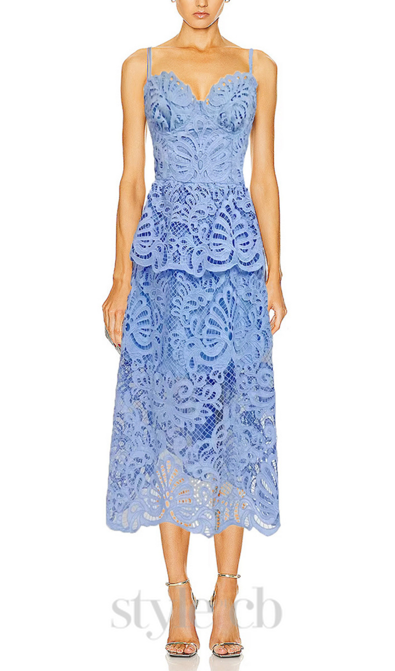 EVELYN CUT OUT LACE LAYERING MIDI DRESS IN BLUE