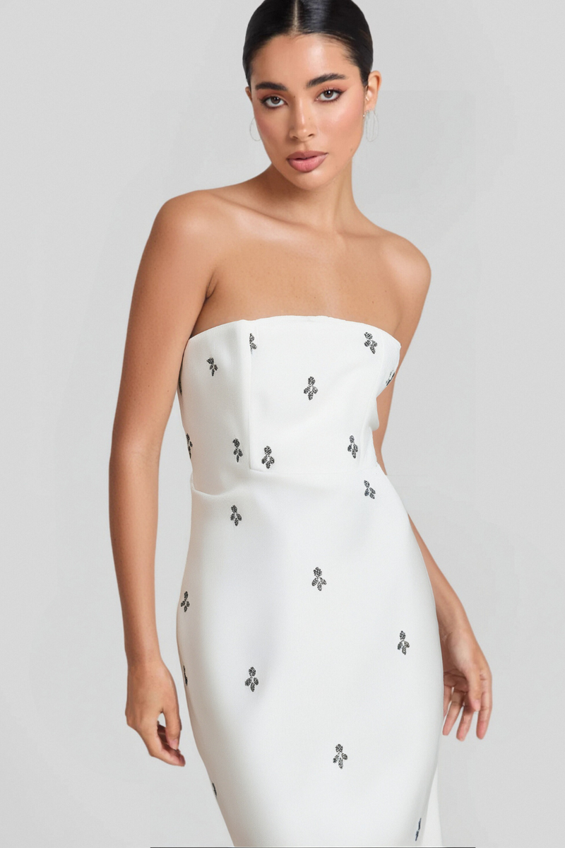 BANDEAU EMBELLISHED MIDI DRESS IN WHITE