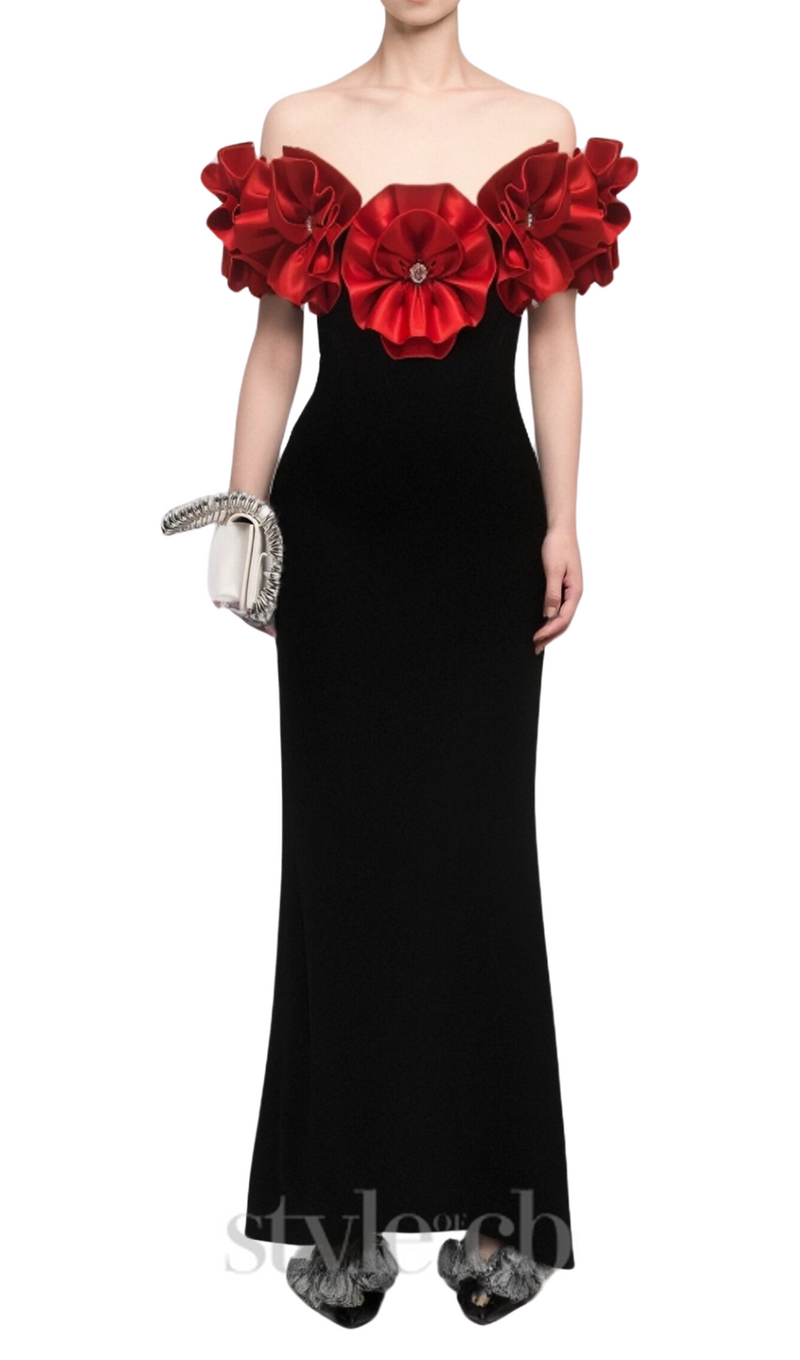 red flower embellished strapless Bandage maxi dress