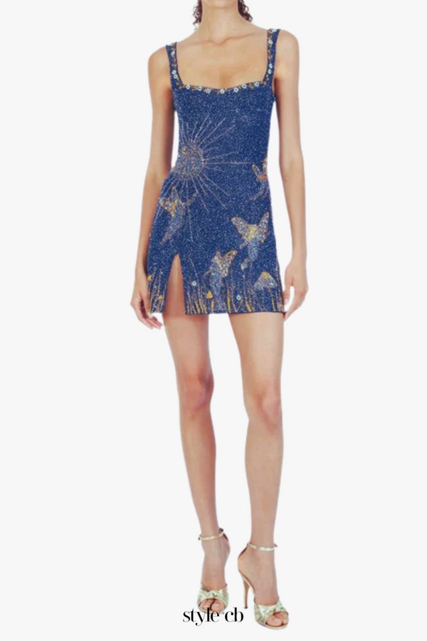 Sylvia Rhinestone Embellished Sky Mini Dress in blue