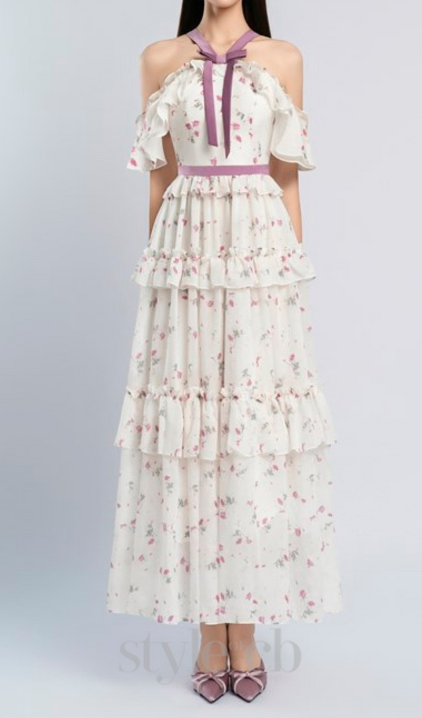 floral print bow collar ruffle flared maxi dress