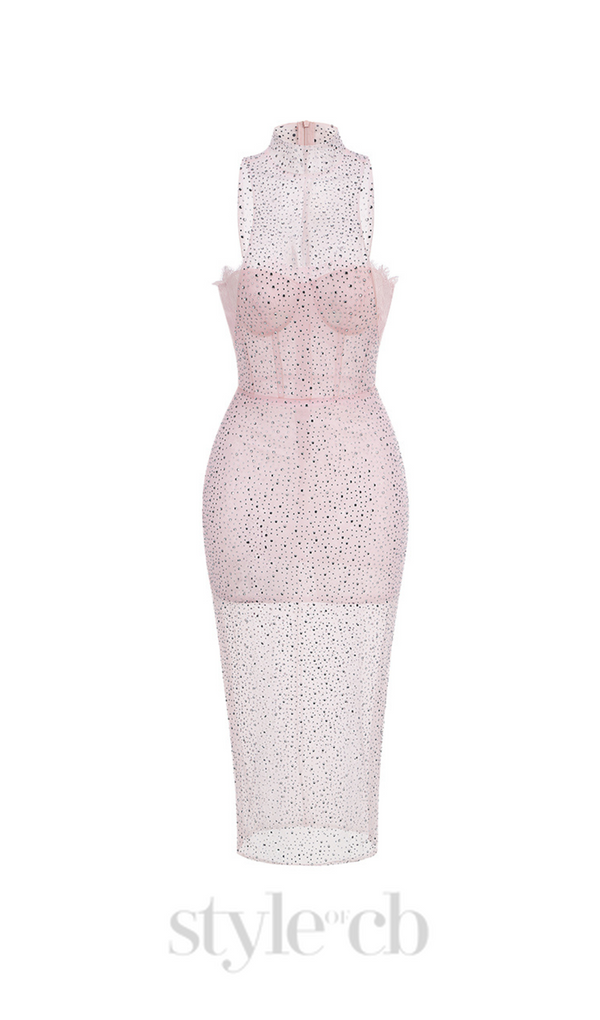 ADORA PINK BRAIDED LEATHER CRYSTAL EMBELLISHMENT MIDI DRESS