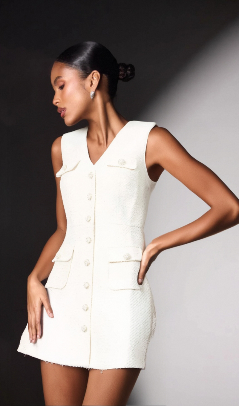 Bouclé pearl-buttons knitted mini dress in white