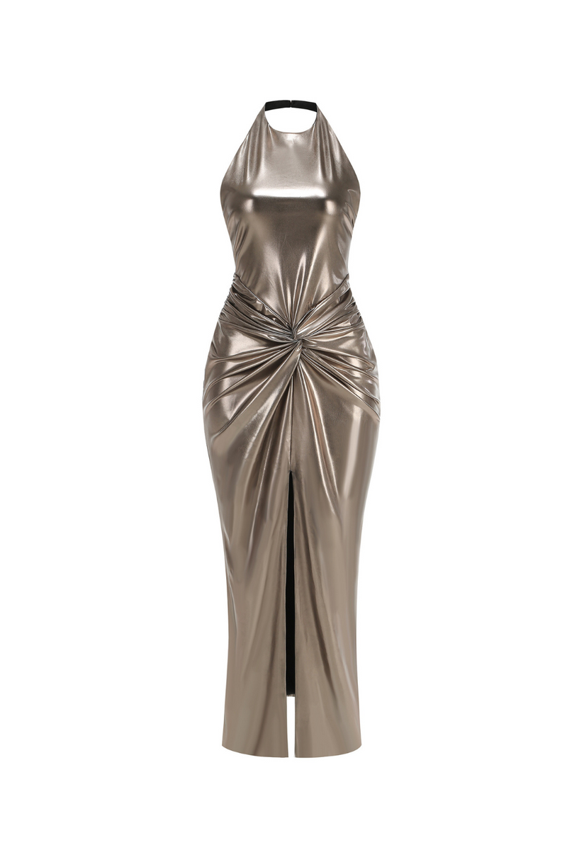 Champagne gold halter neck backless slit gown