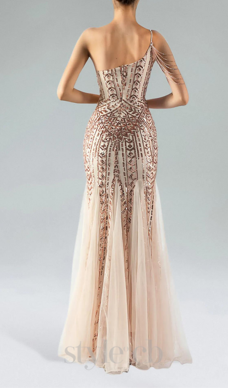 DEIRDRE GOLD ONE-SHOULDER SEQUINED FISHTAIL MAXI DRESS