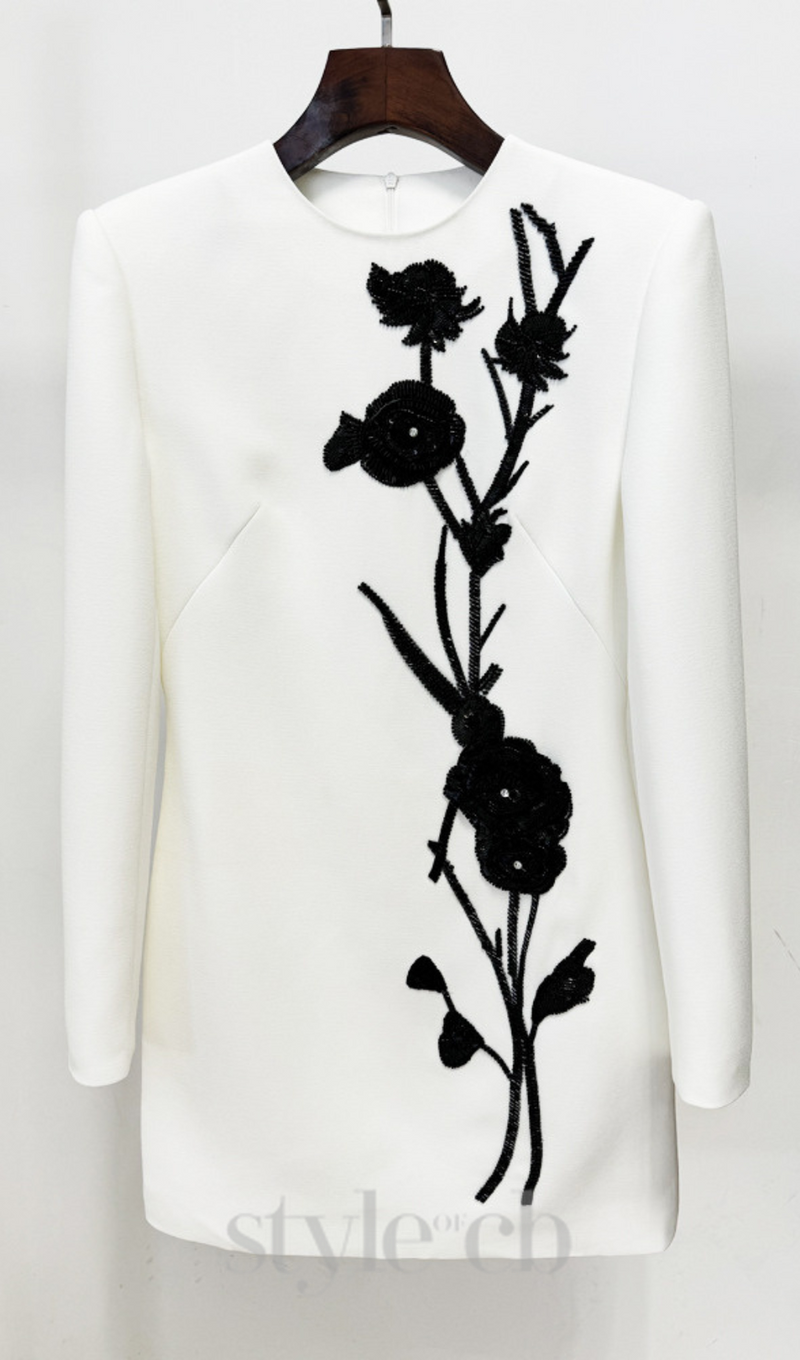 HELEN FLOWER EMBELLISHED MINI DRESS IN WHITE