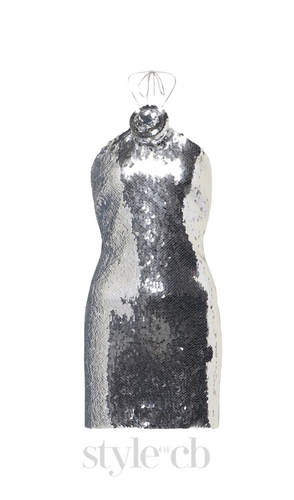 Cinwa Floral Appliqué Halter Sequin Mini Dress - Silver