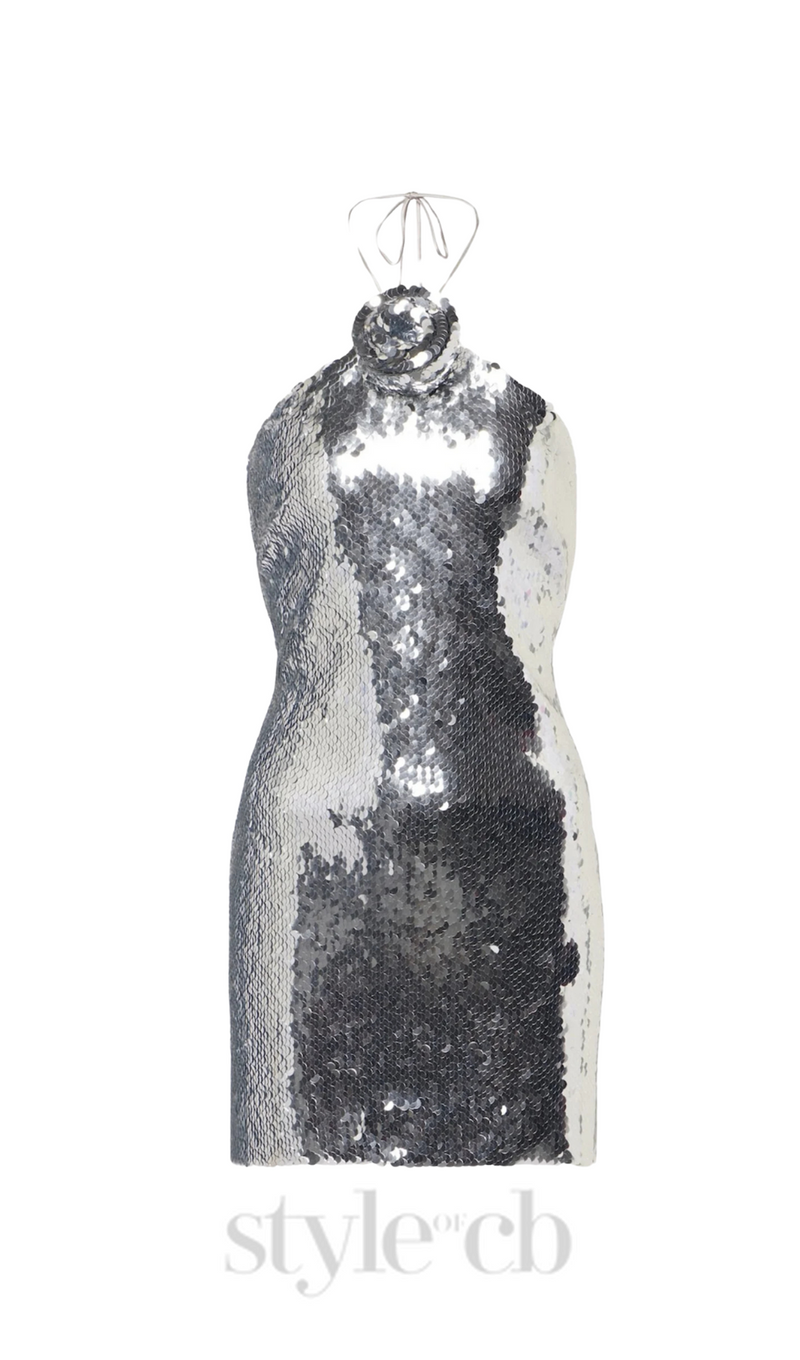 Cinwa Floral Appliqué Halter Sequin Mini Dress - Silver