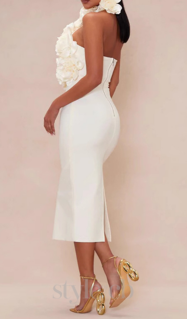flower bandage midi dress in white