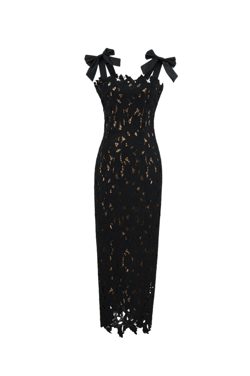 hermosa Bow Strap Embroidered Lace Maxi Dress in black