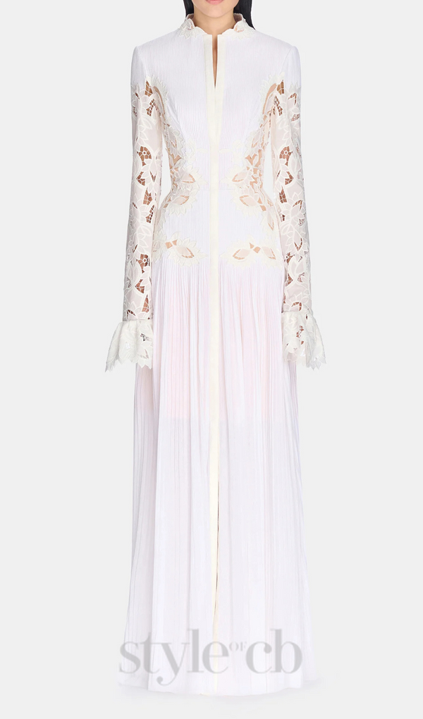 lace embroidered hollow maxi dress in white