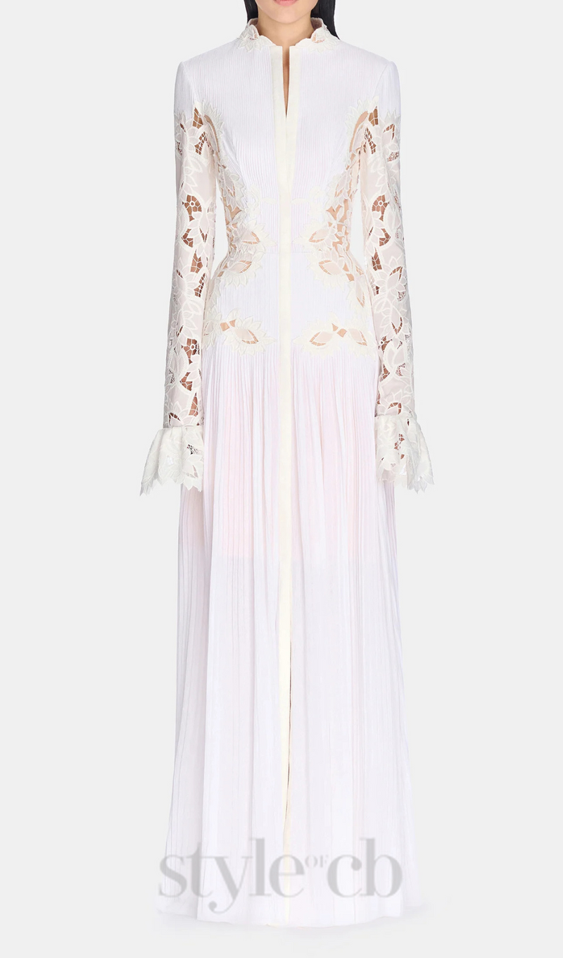 lace embroidered hollow maxi dress in white
