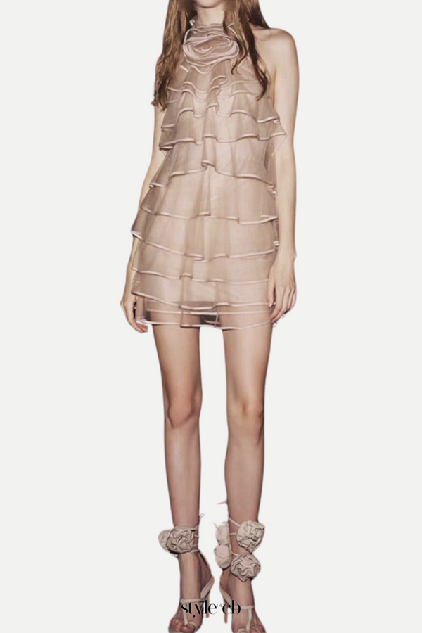 Chiffon Sleeveless Ruffle Mini Dress in khaki