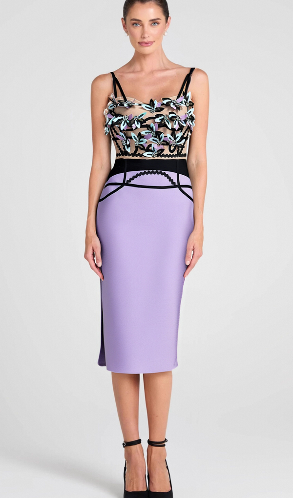 CRYSTAL BEADED APPLIQUE MIDI BANDAGE DRESS