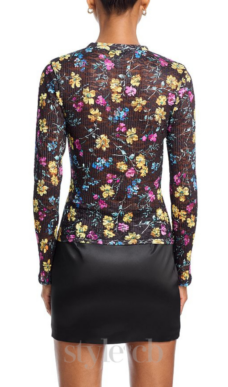 Floral Puckered Lace Top in black multi