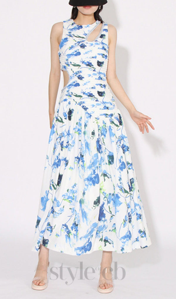 FLORAL CUTOUT MIDI DRESS IN BLUE