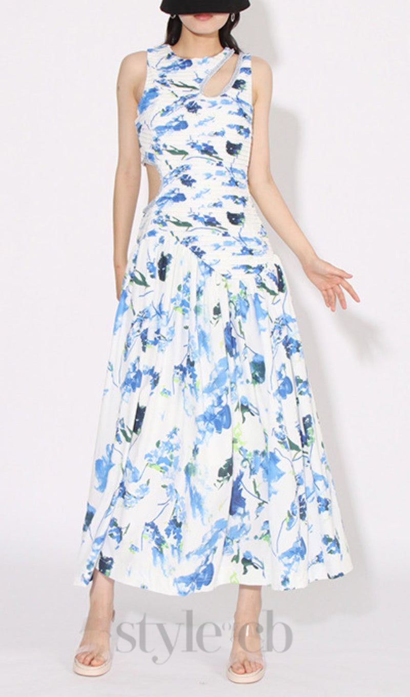 FLORAL CUTOUT MIDI DRESS IN BLUE