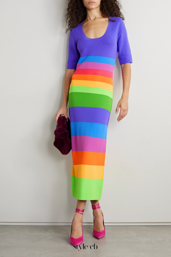 Striped Jersey Maxi Dress in Purple