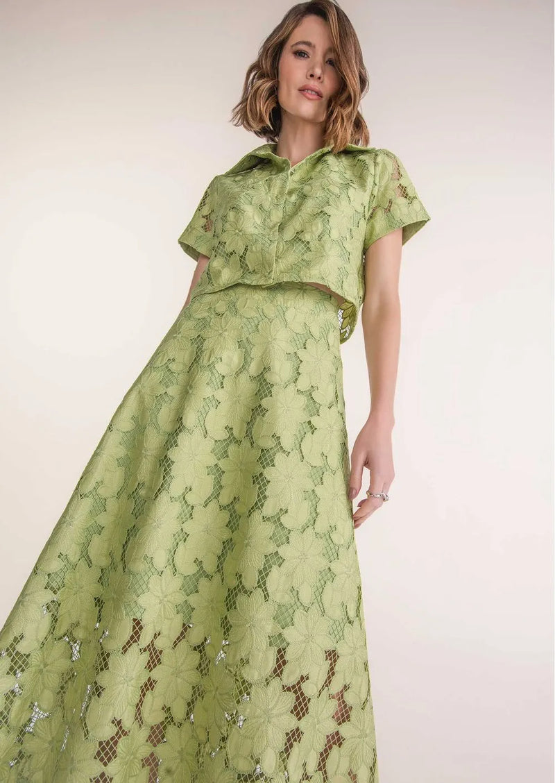 guipure mesh midi skirt cropped set in green