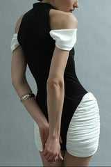 black-white Panel Sleeveless Gathered Halter mini Dress