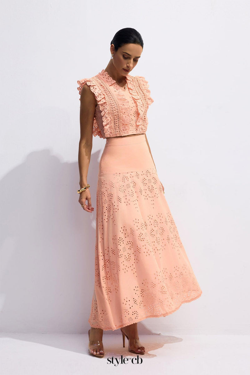 bonnie V-neck Embroidery Crop Top & Skirt Set in orange