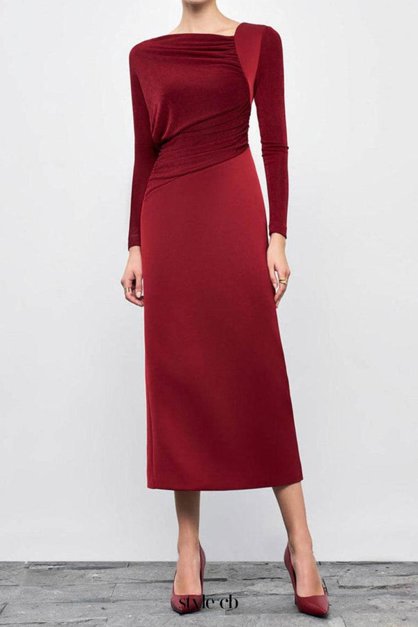 Mirabel A-line Back Slit Taffeta Midi Dress in red