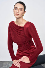 Mirabel A-line Back Slit Taffeta Midi Dress in red