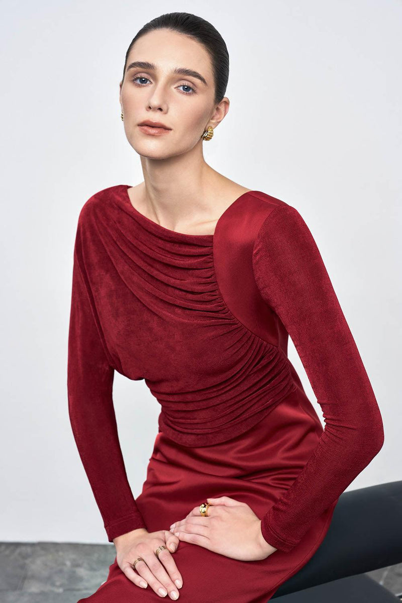 Mirabel A-line Back Slit Taffeta Midi Dress in red