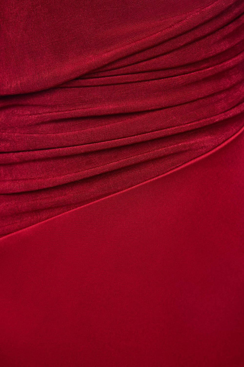 Mirabel A-line Back Slit Taffeta Midi Dress in red