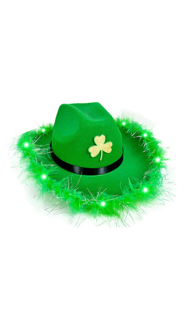 Green Fur-Trimmed Ribbon Clover With Lamp Cowboy Hat