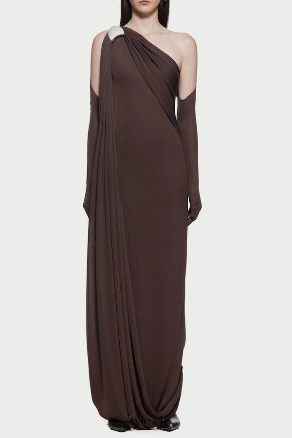 xaviera one-shoulder pleated backless maxi dress in brown