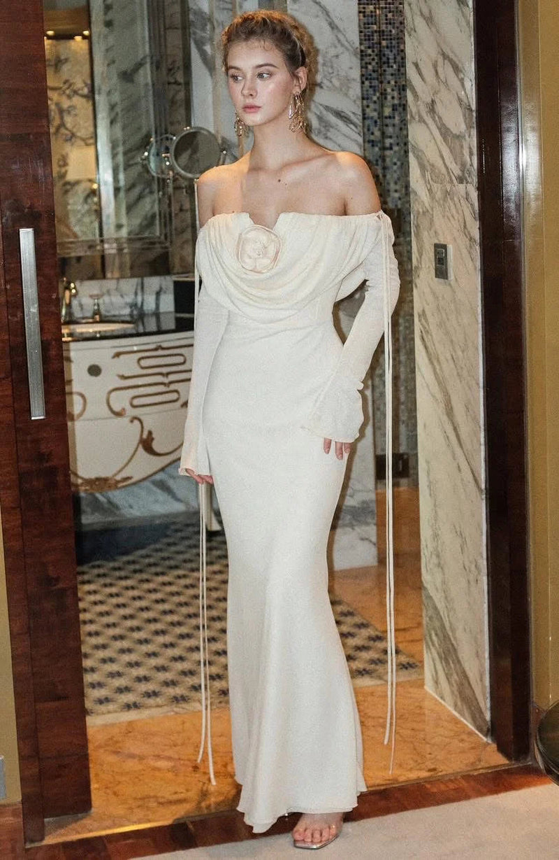 lila flower embellished pleated strapless maxi dress in white