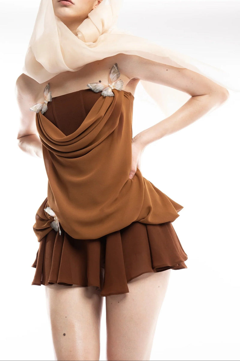 brown 3d Butterfly Fishbone Tunic Top Mini skirt Set