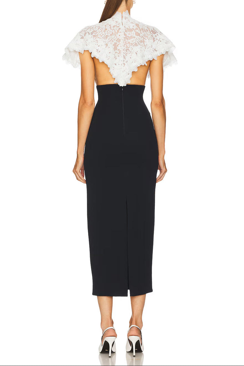 alice lace patchwork shawl bodycon midi dress in black