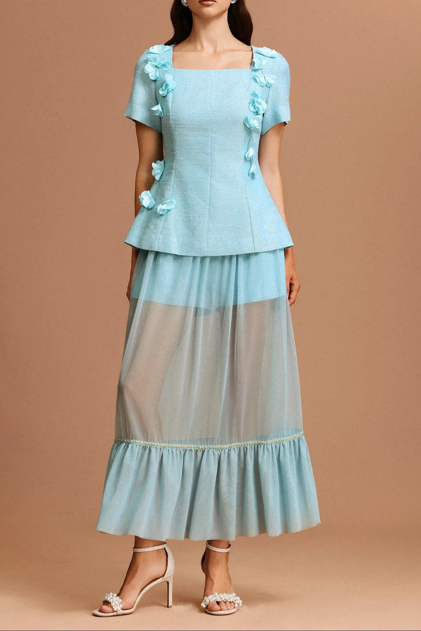 ursula blue Short Sleeves Flowers Folds Top And Skirt Two-Piece Set