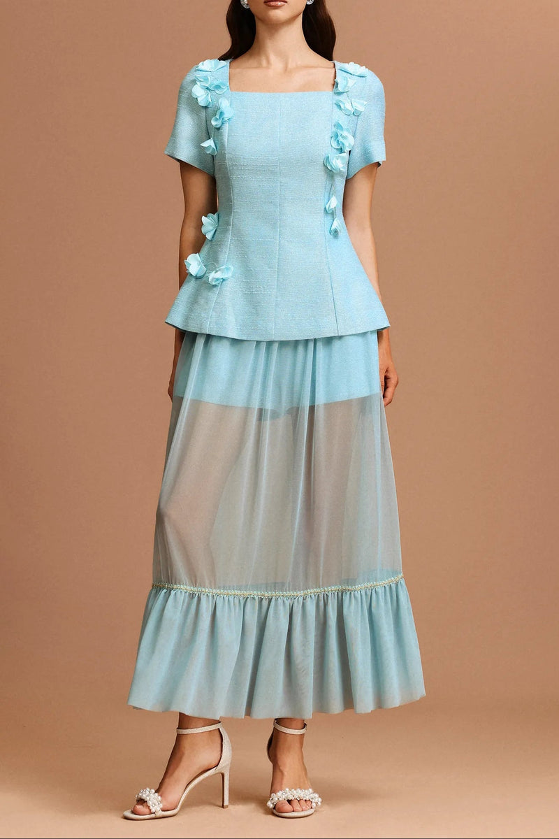 ursula blue Short Sleeves Flowers Folds Top And Skirt Two-Piece Set