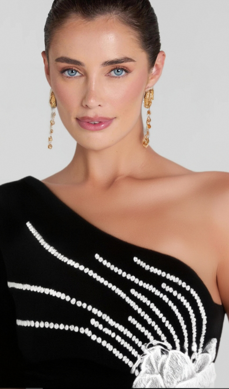 Calista Olive Black One Shoulder Velvet Maxi Dress