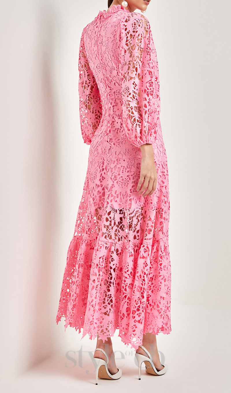 TARA PINK LACE EMBROIDERED LONG SLEEVE MIDI DRESS