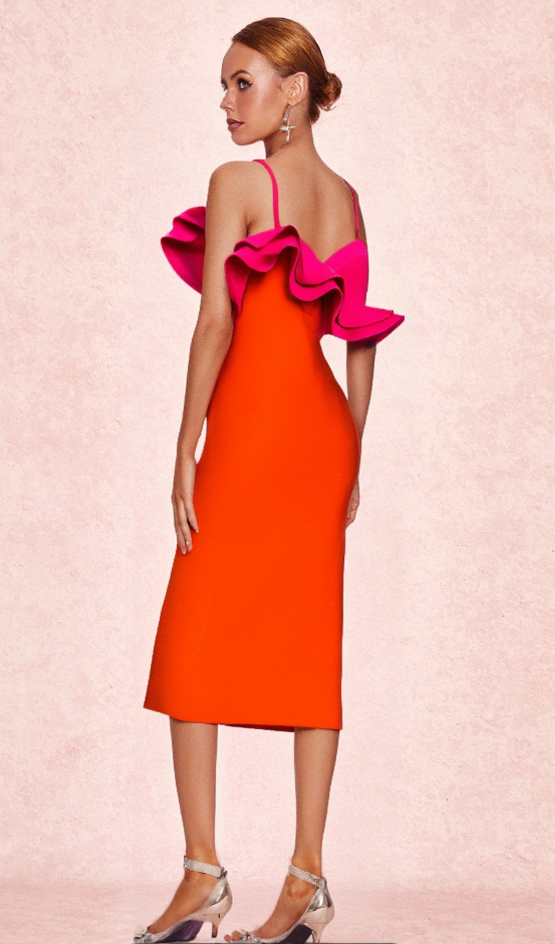 SIMONA ORANGE RUFFLE STRAP BANDAGE MAXI DRESS
