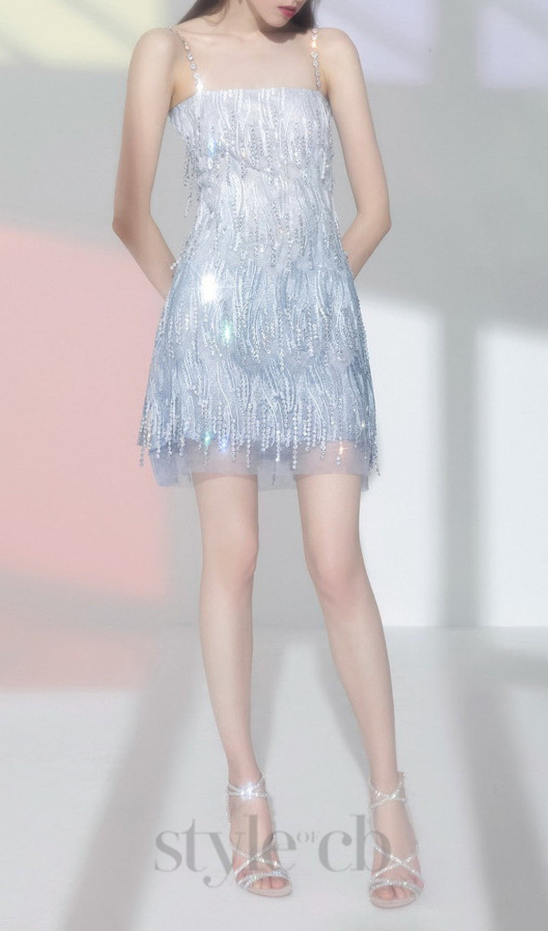 DIAMOND EMBELLISHED MINI DRESS IN BLUE