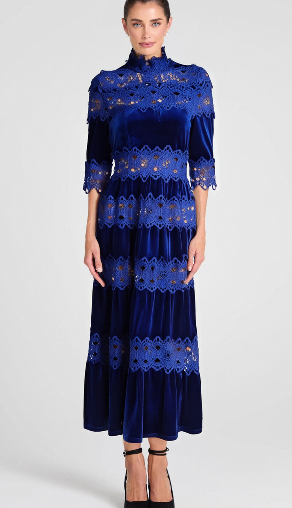 HOLLOW PATCHWORK VELVET DRESS IN BLUE